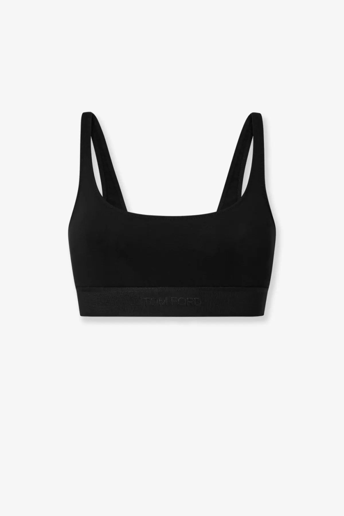 Black seamless tom ford women’s modal blend sports bra with thin straps and subtle brand logo on the band