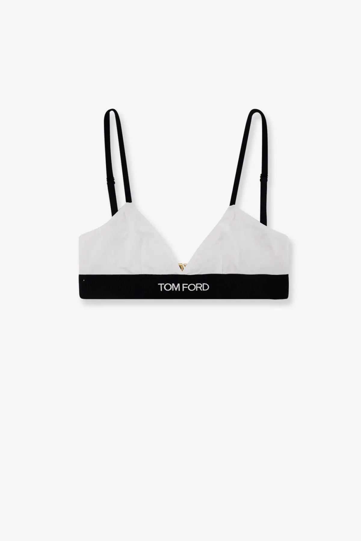 Tom ford women’s white modal bra with black straps and contrasting black logo band in front view