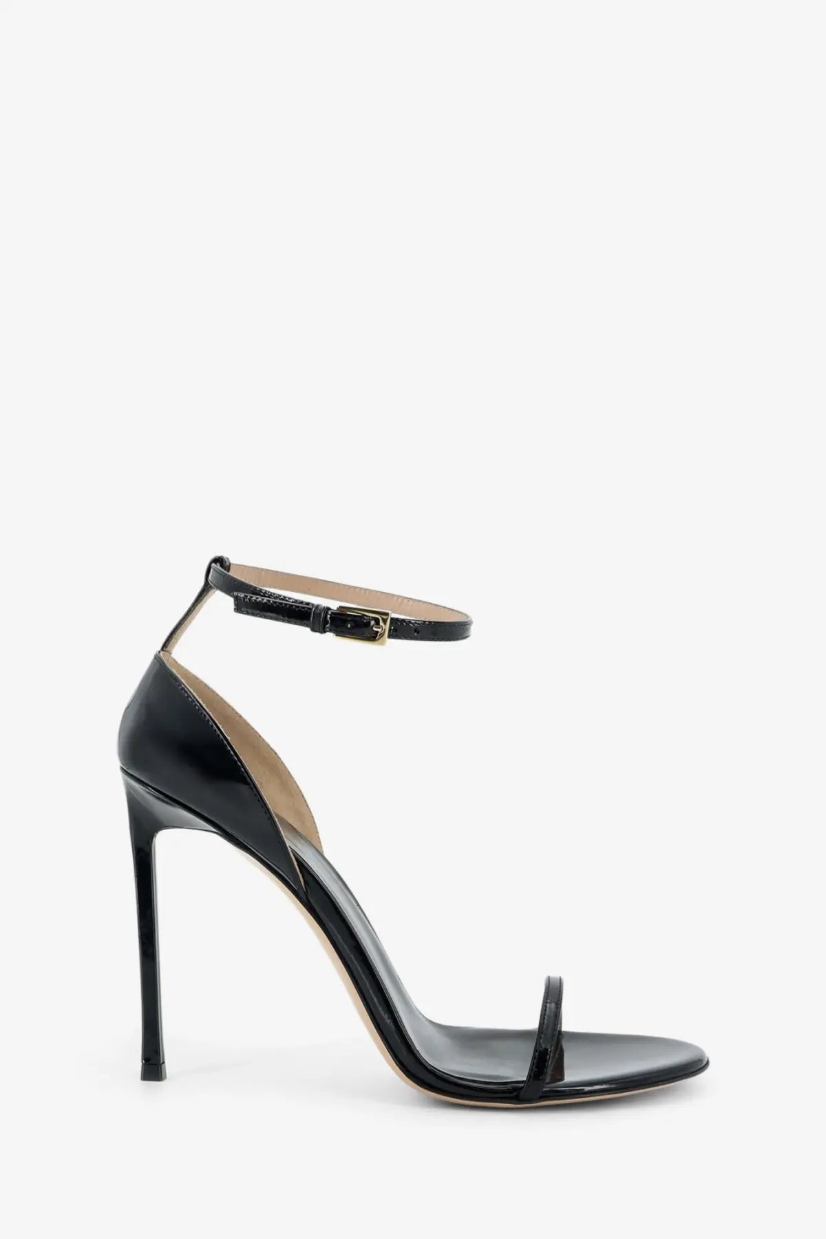 Tom Ford women’s black patent leather strappy high heel sandal with slender stiletto heel and ankle strap