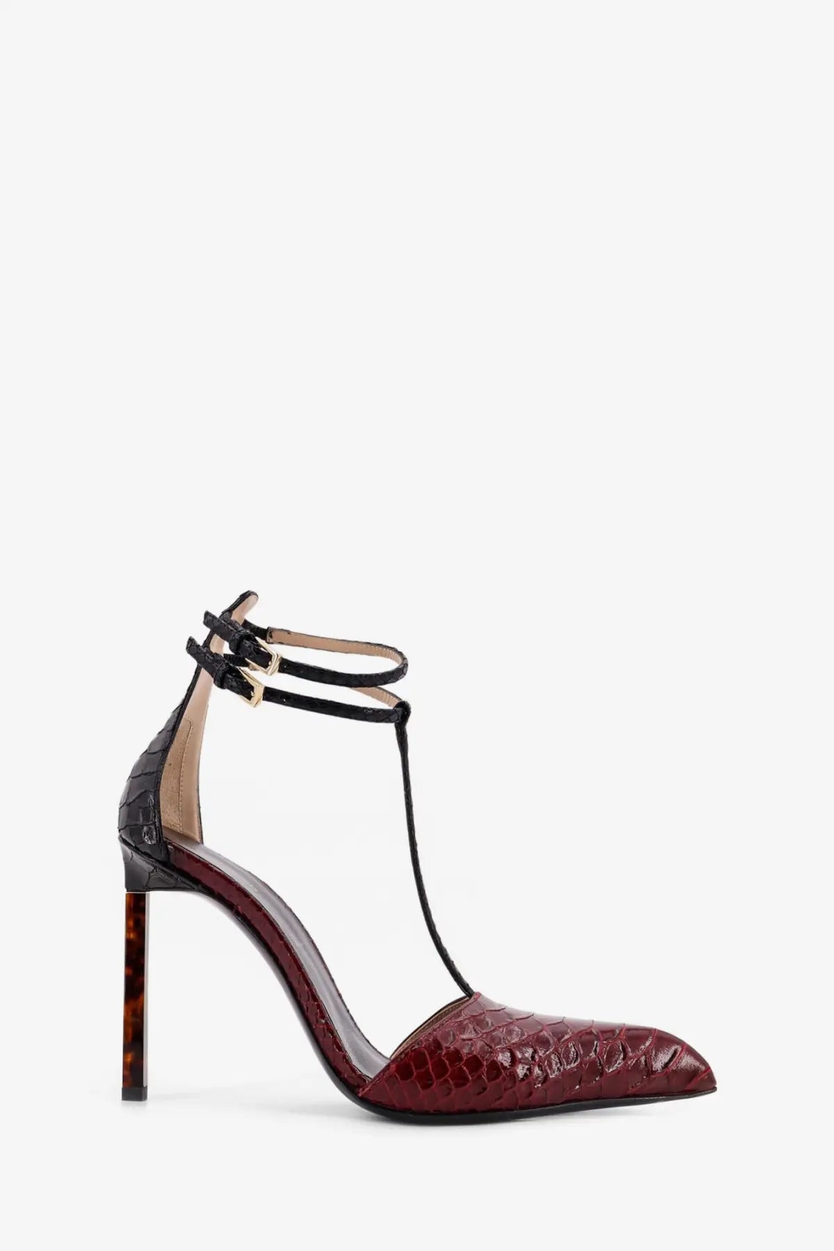 Tom Ford women’s python effect leather pump in burgundy with tortoiseshell heel and black ankle straps