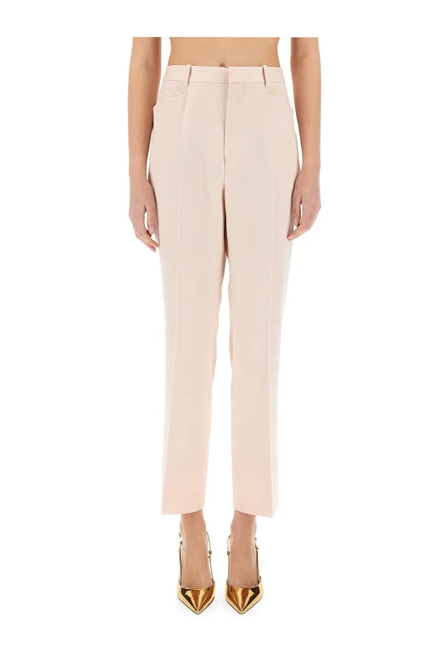 Tom Ford women’s sartorial pants in soft blush pink with high waist straight leg and tailored creased fabric