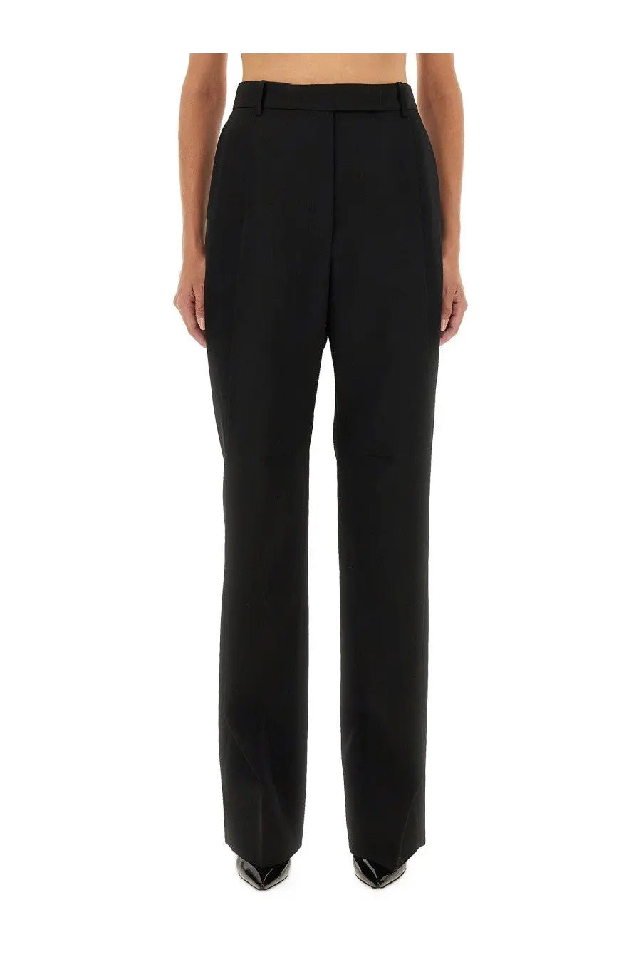Black Tom Ford women’s high-waisted wool pants with straight-leg cut and structured pleats