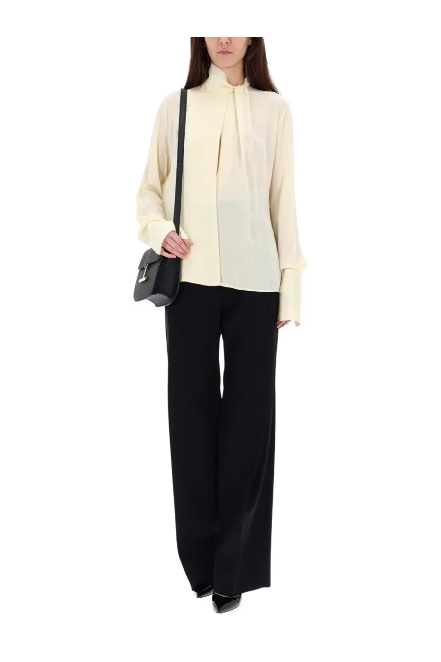 Cream-colored tom ford women’s silk georgette blouse with high collar and tie-front detail in white silk