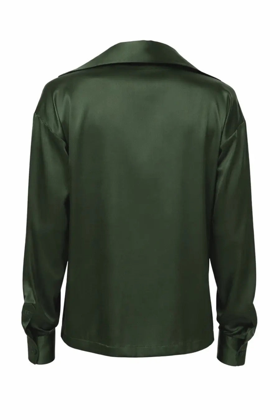 Dark green Tom Ford women’s silk satin stretch shirt with sleek glossy finish and classic collar