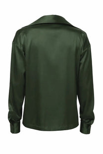 Dark green Tom Ford women’s silk satin stretch shirt with sleek glossy finish and classic collar