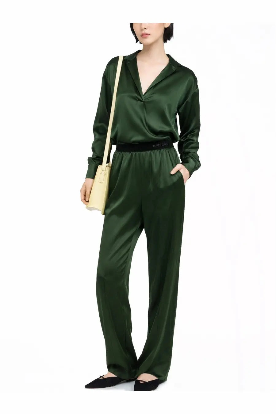 Emerald green satin jumpsuit with black elastic waistband from tom ford women’s silk satin stretch shirt green collection
