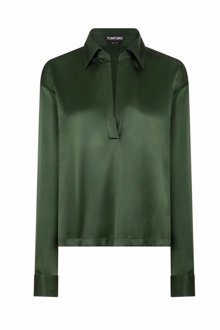 Tom Ford women’s dark green silk satin stretch shirt with classic collar and long sleeves