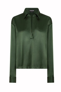 Tom Ford women’s dark green silk satin stretch shirt with classic collar and long sleeves