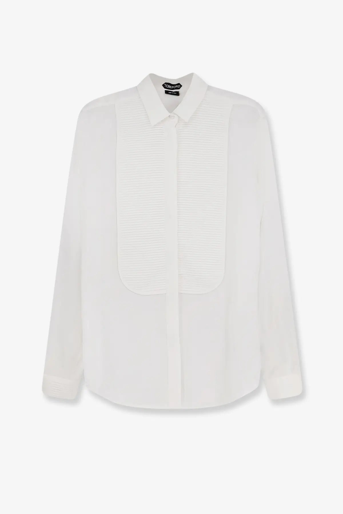 Tom Ford women’s white silk shirt with long sleeves and subtle pleated front panel featuring brand label