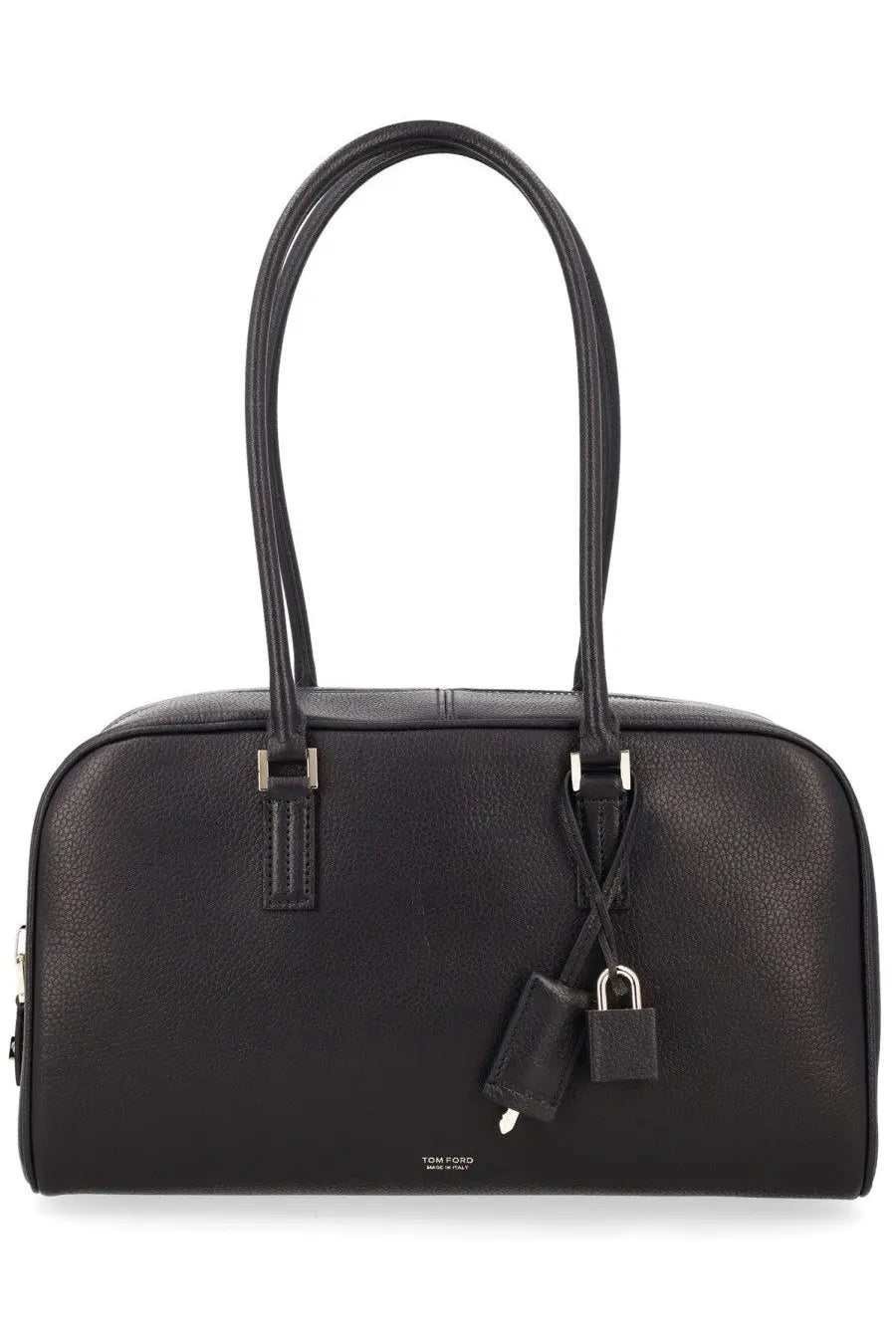Tom Ford women’s small black leather handbag with pebbled texture dual top handles and silver-tone lock and key charm
