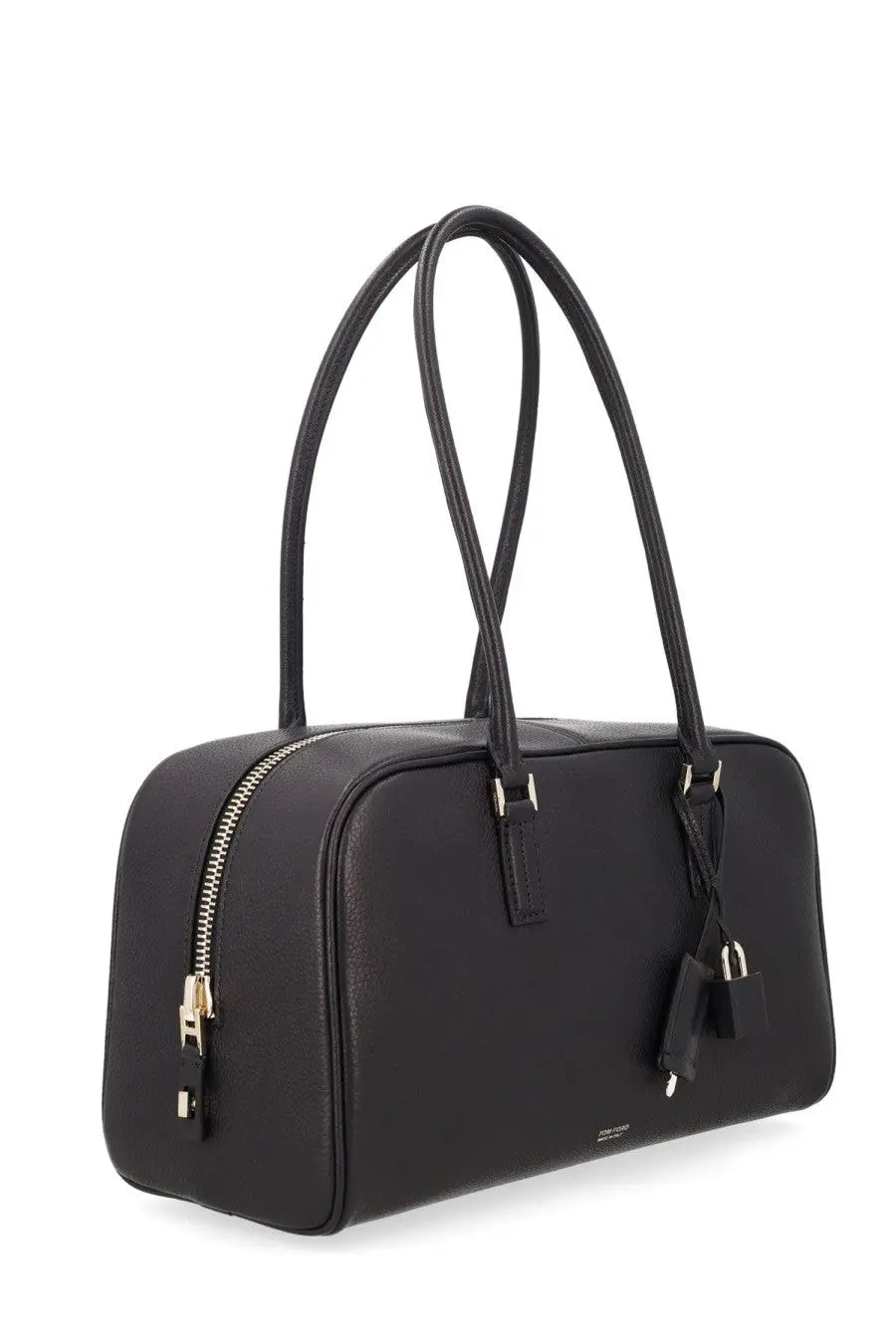 Tom Ford women’s small black leather handbag with gold-tone zipper hardware and dual top handles in a sleek rectangular shape