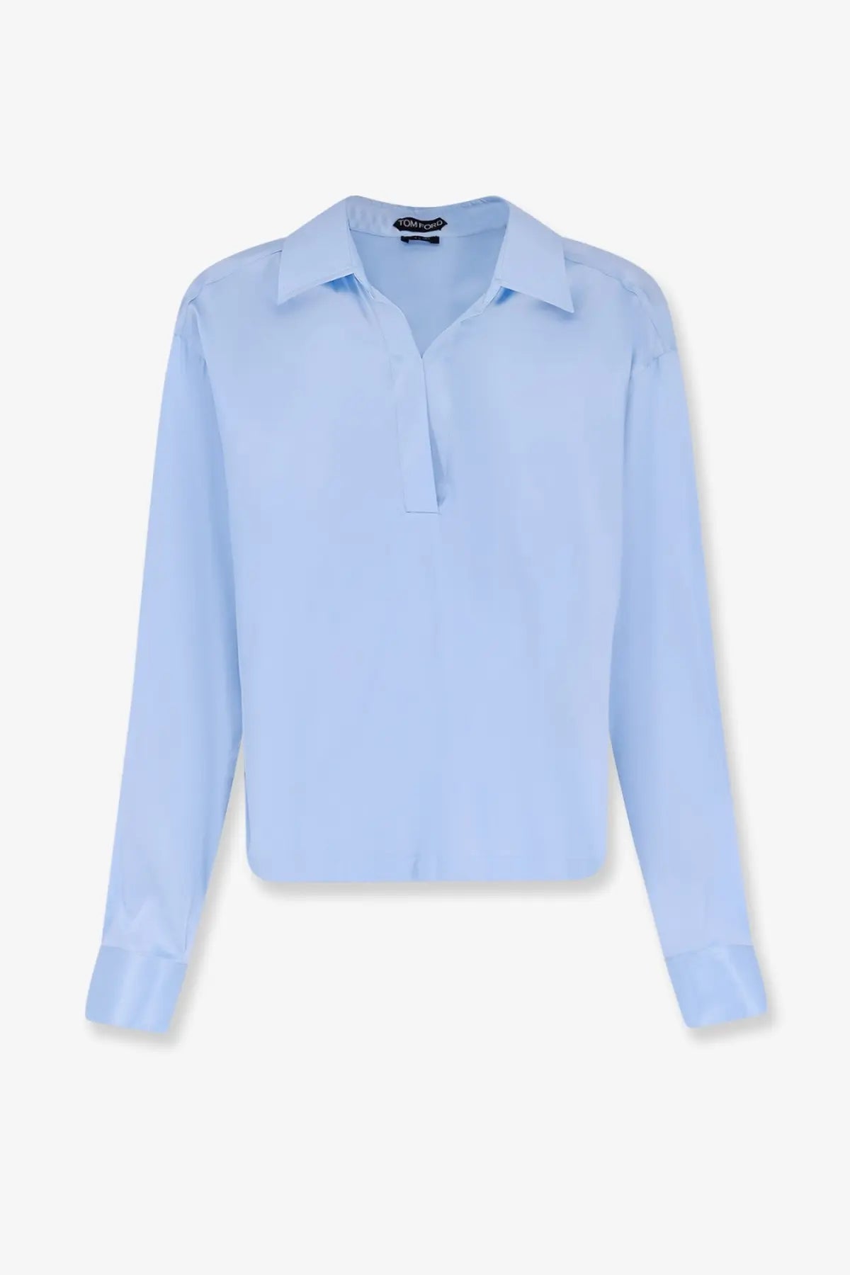 Tom Ford women’s stretch satin shirt in light blue with long sleeves classic collar and subtle front pleats