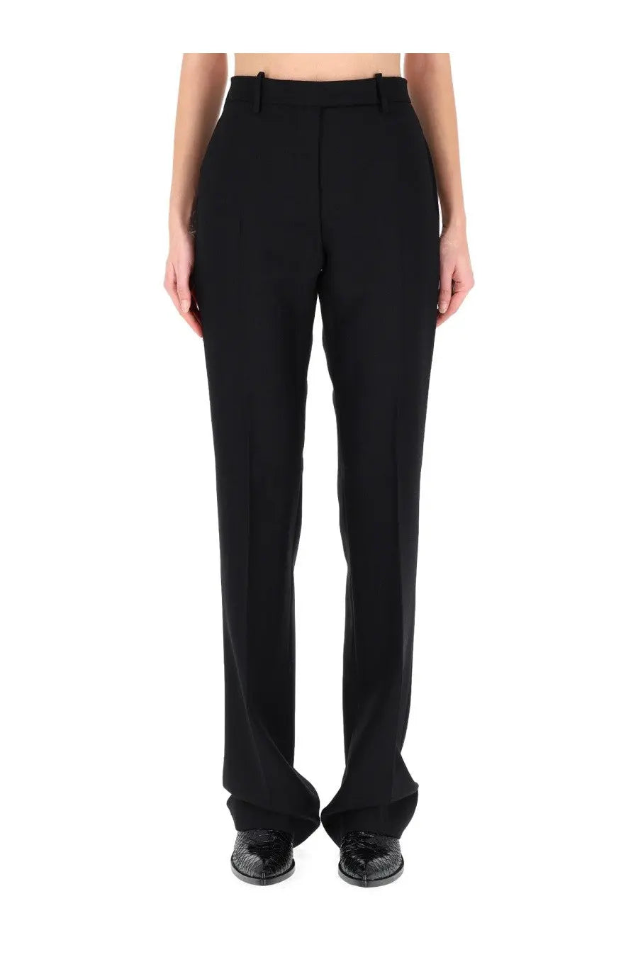 Tom Ford women’s tailored pants black straight-leg cut with subtle creasing crafted from smooth structured fabric