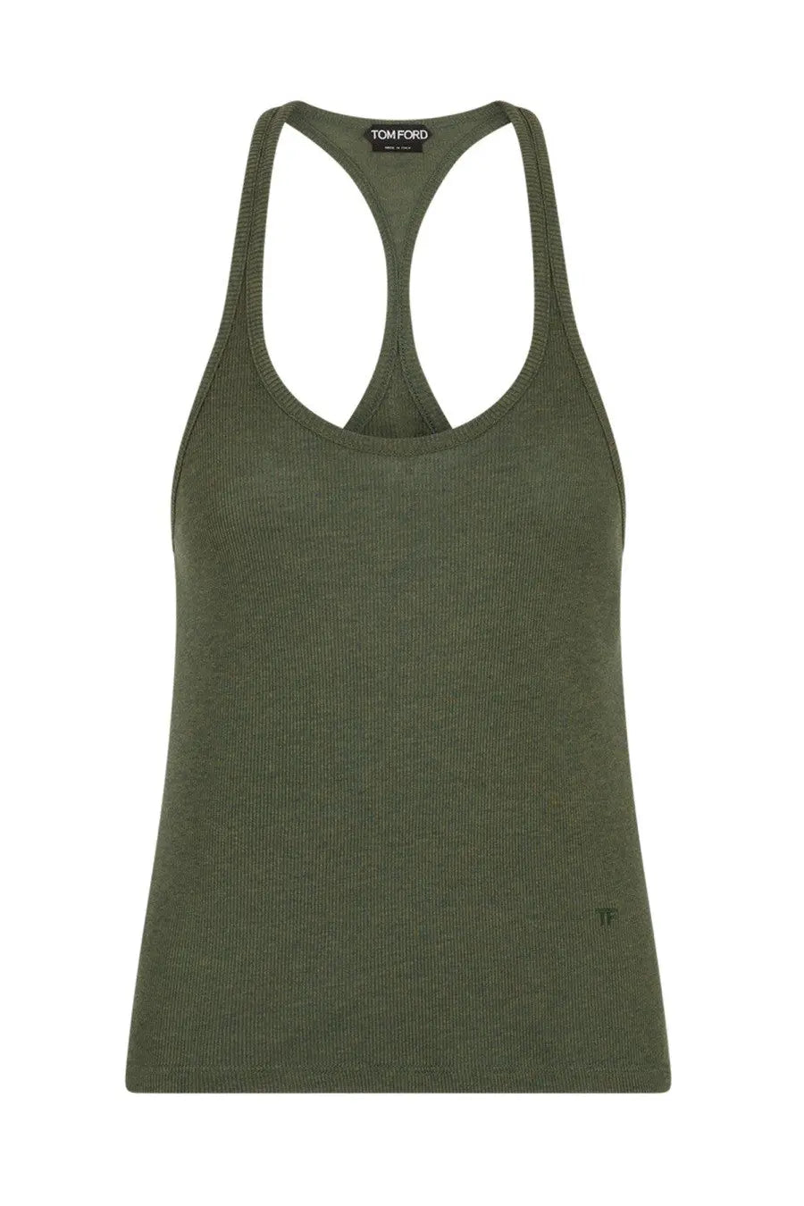 Olive green ribbed knit racerback tank top by tom ford shown from the back for womens casual wear