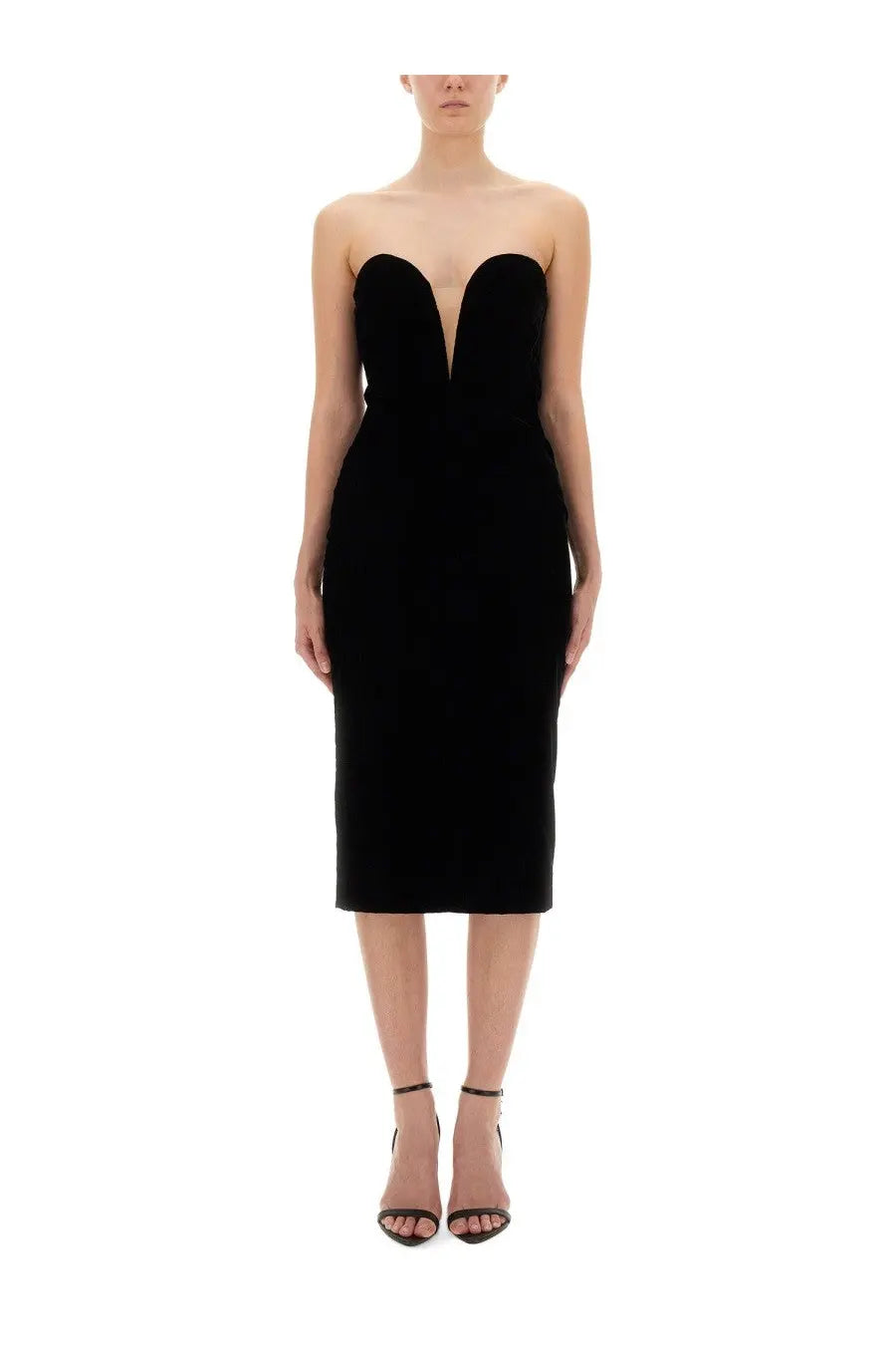 Black velvet strapless midi cocktail dress with sweetheart neckline and fitted silhouette by tom ford women