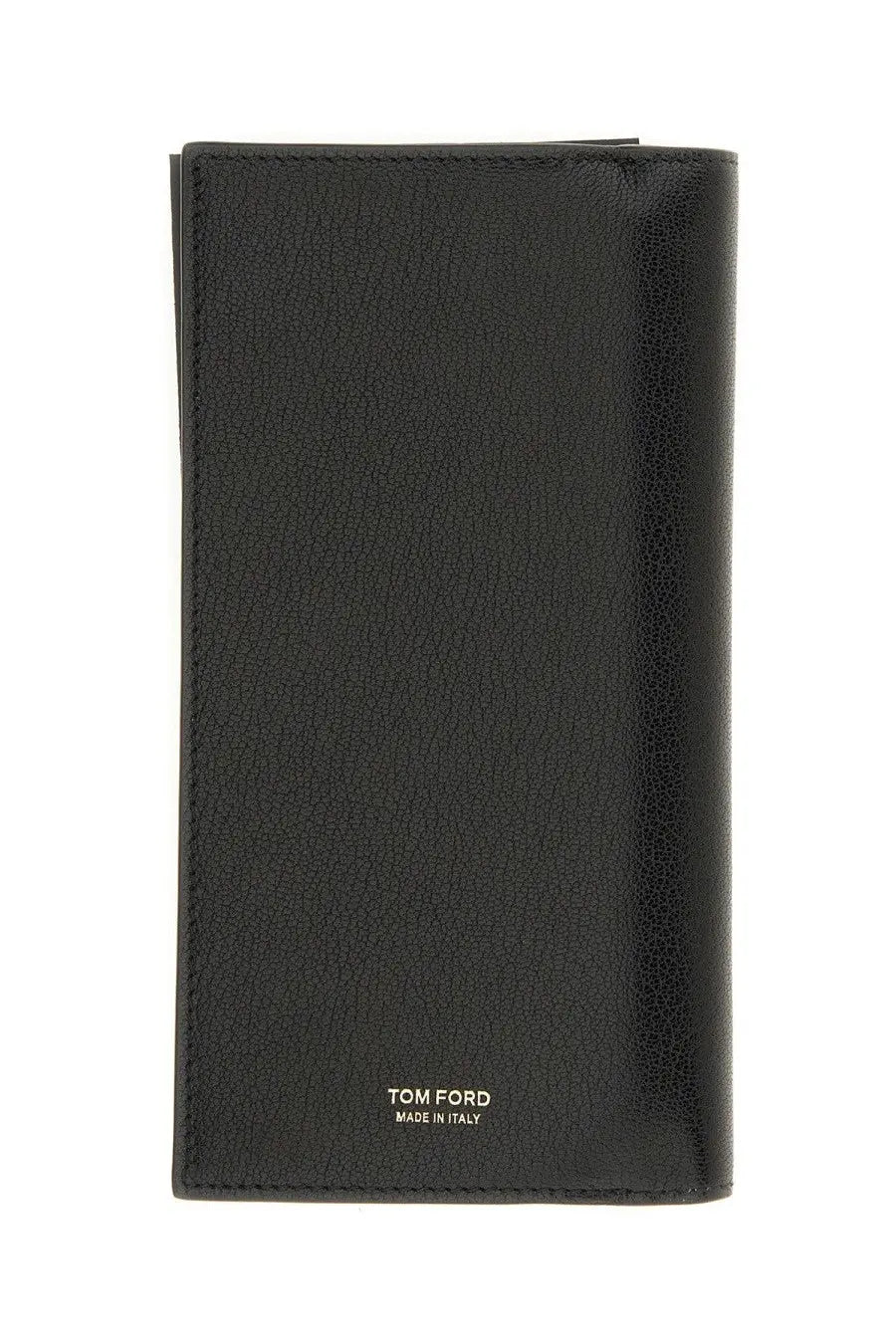 Tom Ford women’s vertical leather wallet in black featuring textured surface and gold-tone branding at the bottom