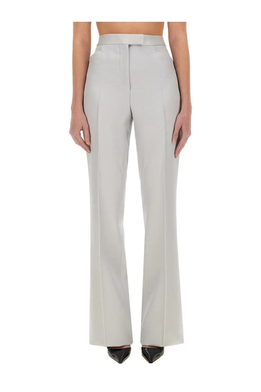 Tom Ford women’s grey high-waisted wide leg tuxedo pants with tailored design and subtle front pleats