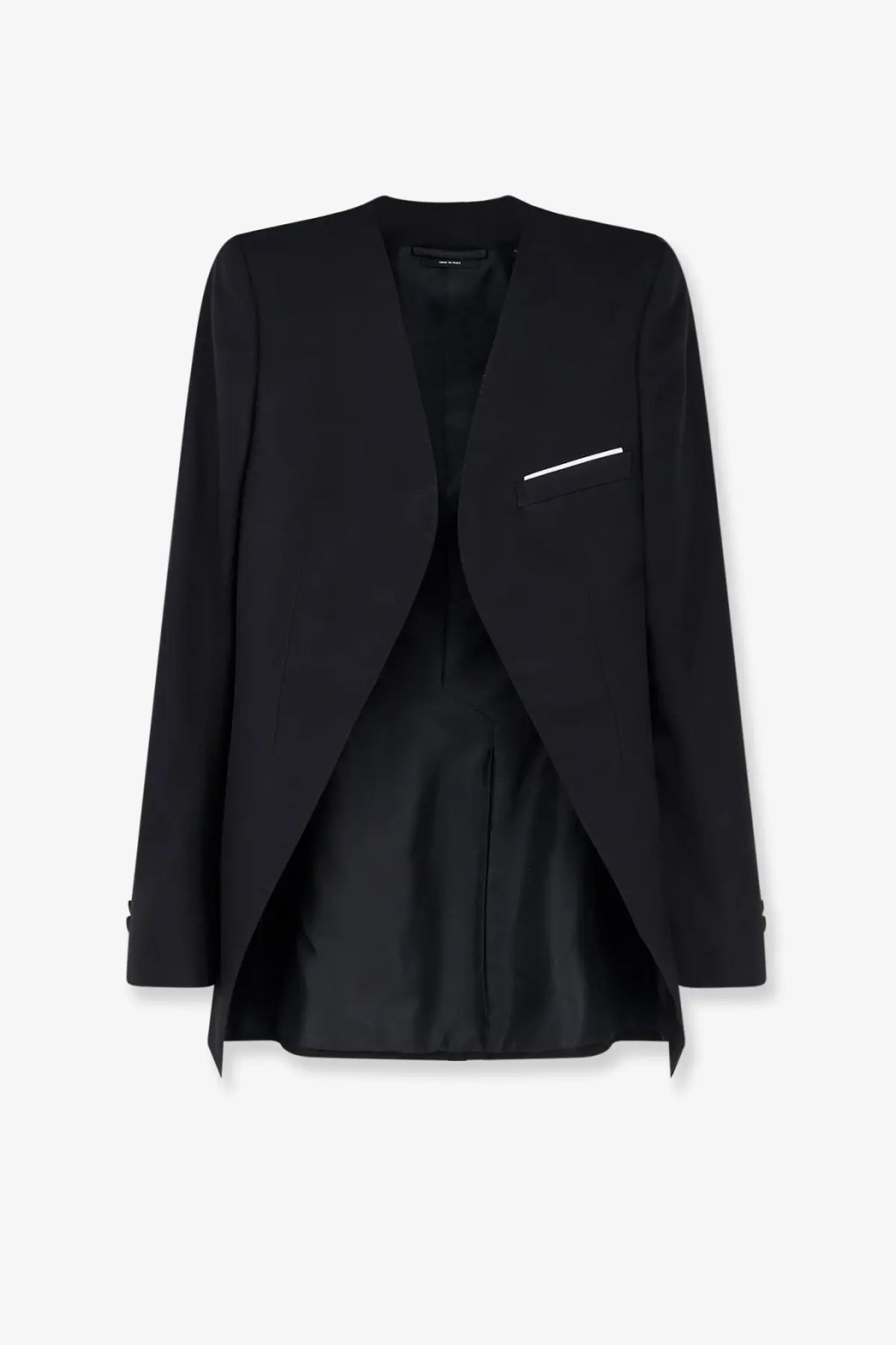 Tom Ford women’s black wool and silk blazer with sleek modern cut and subtle white contrast stitching on pocket