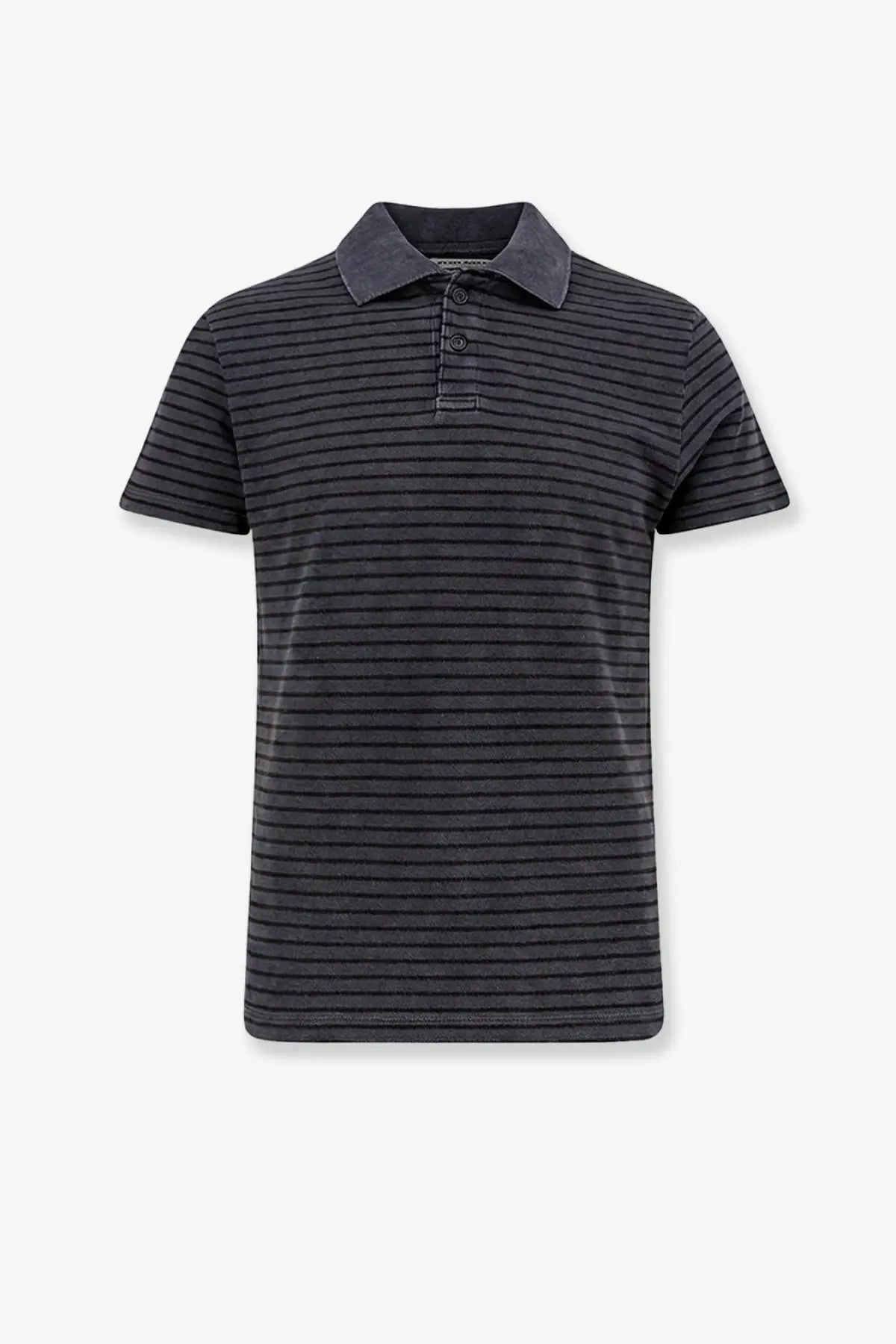 Tonywack men’s cotton polo shirt in black with dark gray stripes textured fabric and contrasting collar