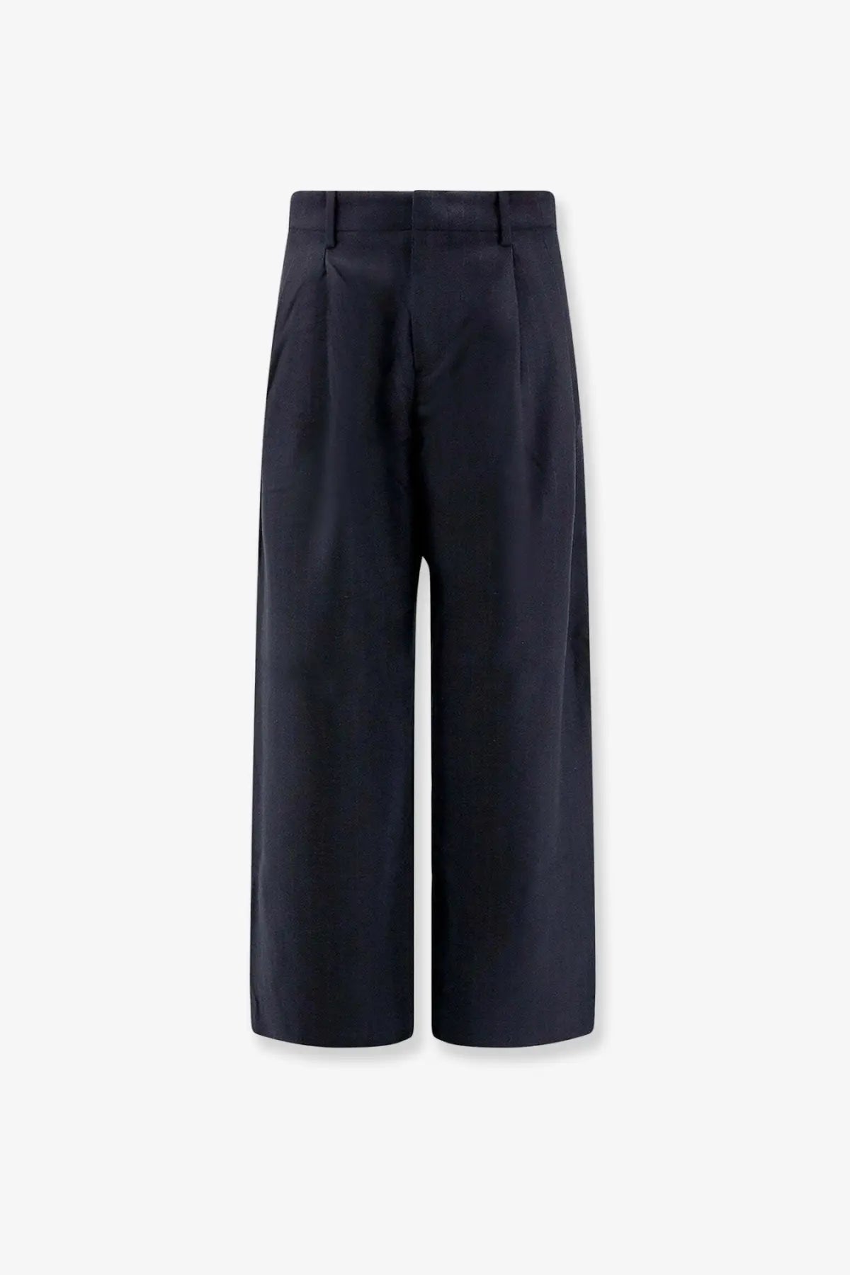 Tonywack men’s loose fit cotton trousers in navy blue with high waisted wide leg and tailored pleated front design