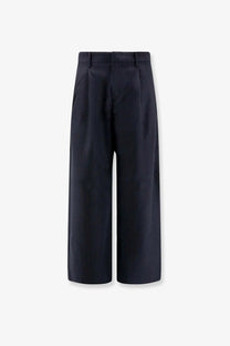 Tonywack men’s loose fit cotton trousers in navy blue with high waisted wide leg and tailored pleated front design