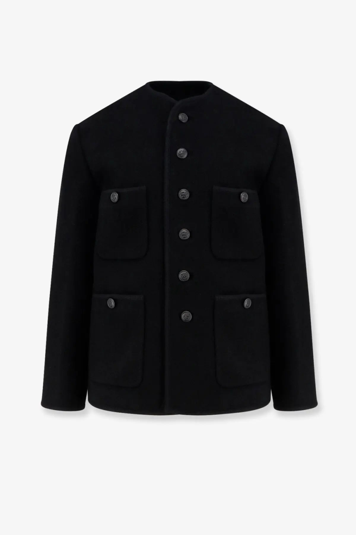 Tonywack men’s black woolen tweed blazer with silver-toned buttons and four flap pockets