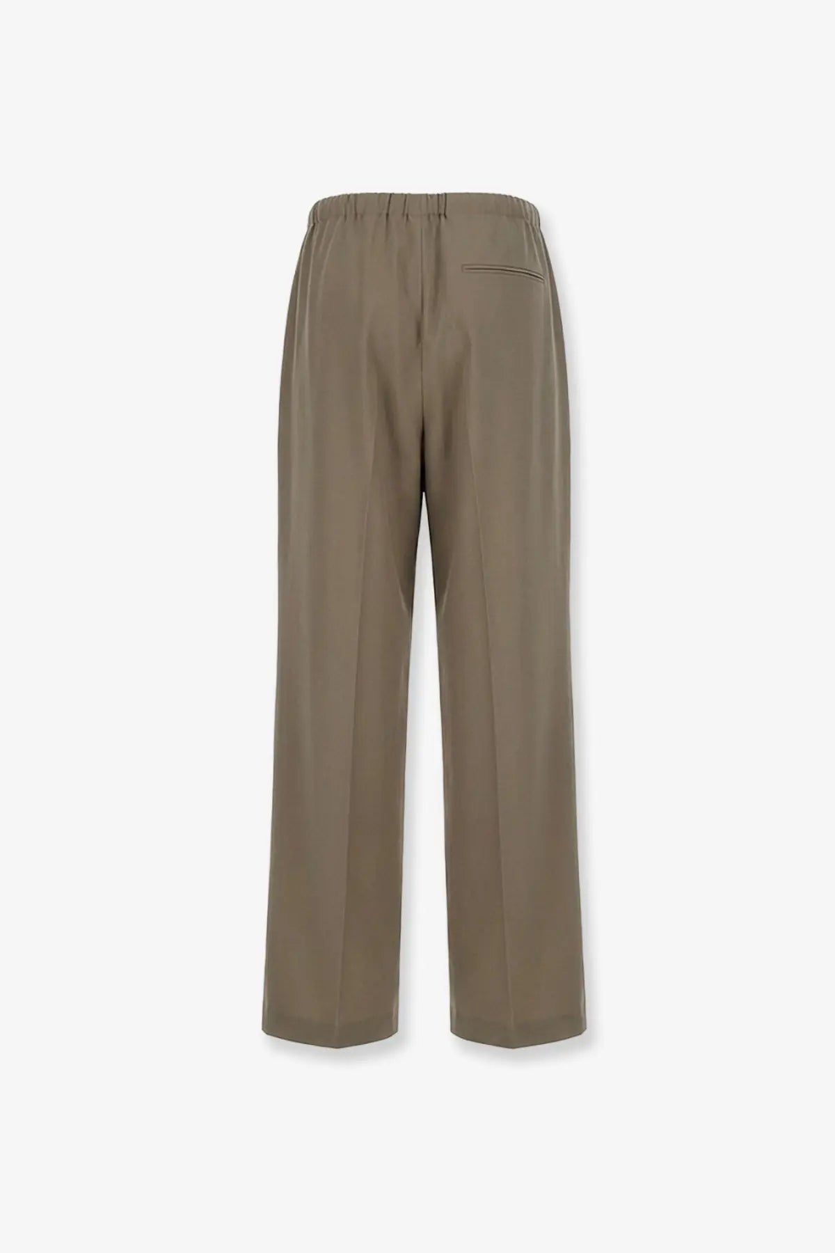 Back view of tonywack men’s wool blend beige trousers with wide legs elastic waistband and single back pocket
