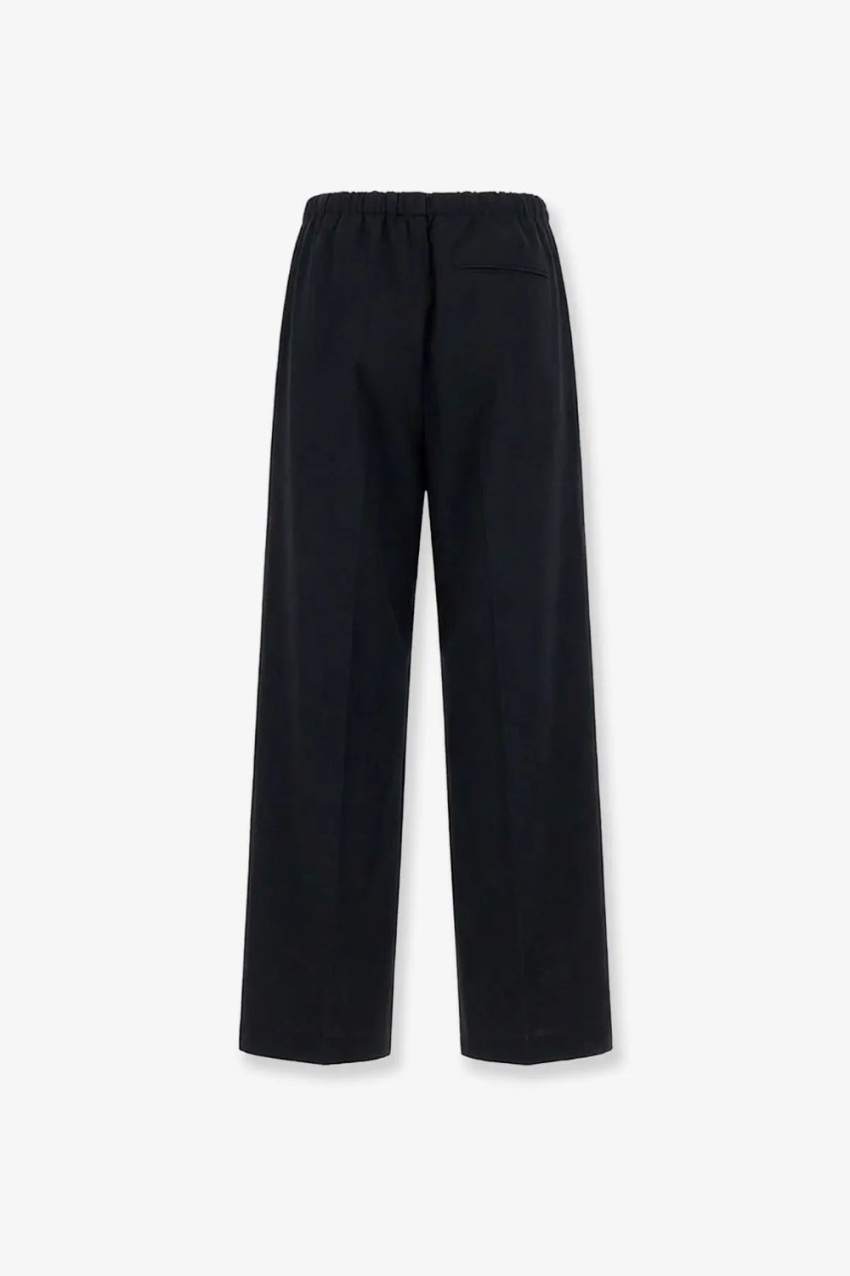 Black wide-leg wool blend trousers for men by tonywack with elastic waistband and subtle back pocket shown from the back