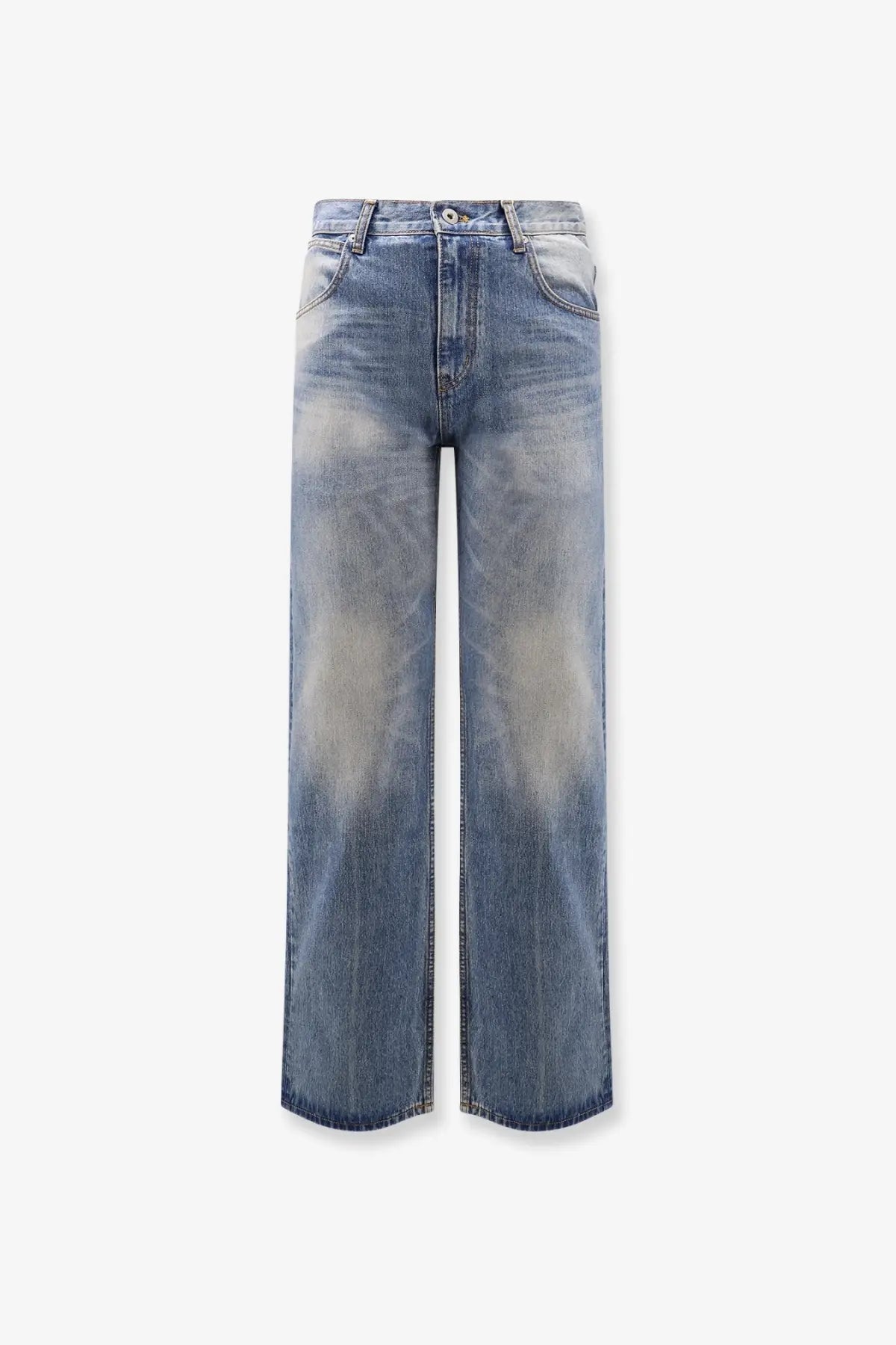 Tonywack unisex blue denim jeans with a faded gradient wash and flared leg design