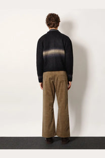 Back view of tonywack unisex jacquard alpaca cardigan black knit sweater with beige dark gradient and ribbed cuffs