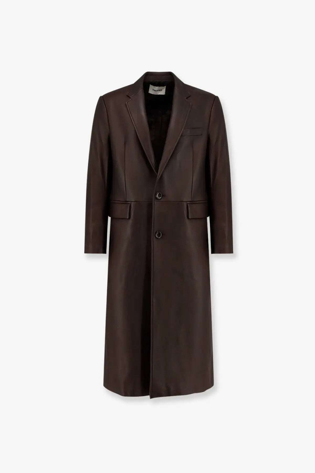 A sleek dark brown leather overcoat with classic double-breasted design and front pockets by tonywack unisex