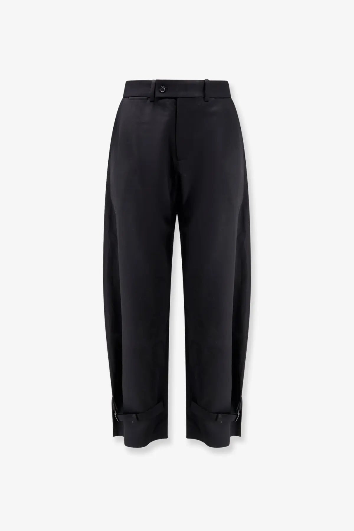 Tonywack unisex black wool blend trousers with high waist, straight-leg cut, and adjustable ankle cuffs