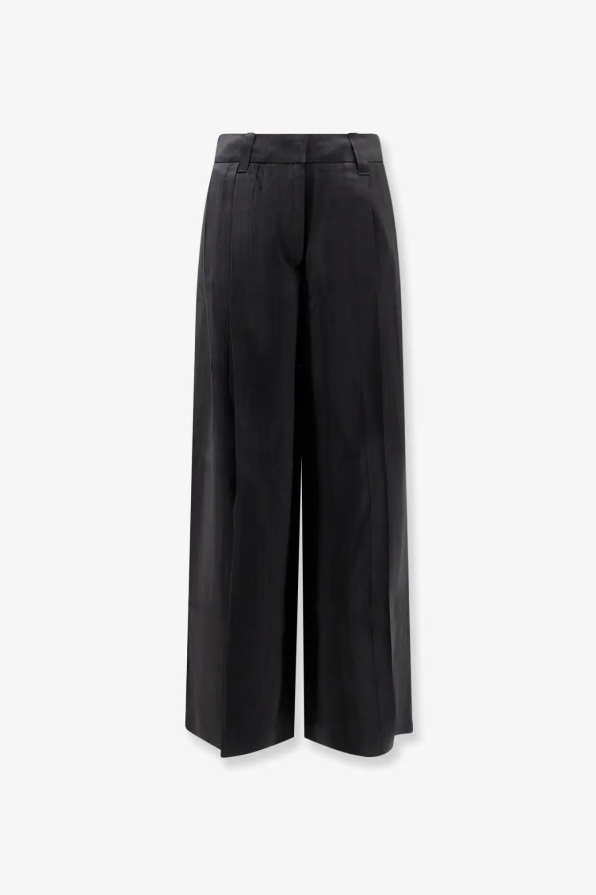 Black high-waisted wide-leg airy rayon trousers for women with a sleek tailored silhouette and subtle front pleats