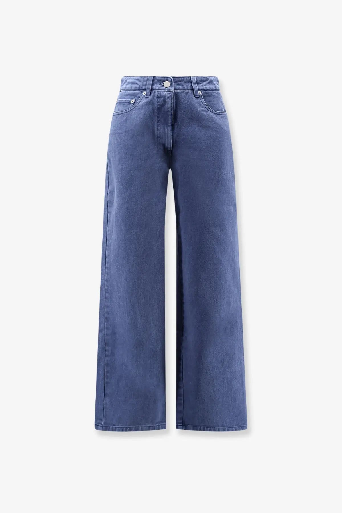 Tonywack women’s blue denim jeans high-waisted wide-leg medium blue wash with classic stitching and button closure