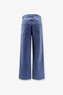Back side of tonywack women’s blue denim wide-leg jeans with relaxed fit and classic back pockets