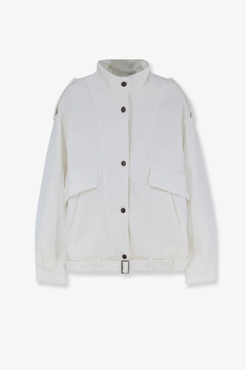 Tonywack women’s oversized white denim utility jacket with black buttons and a belted waist for casual wear