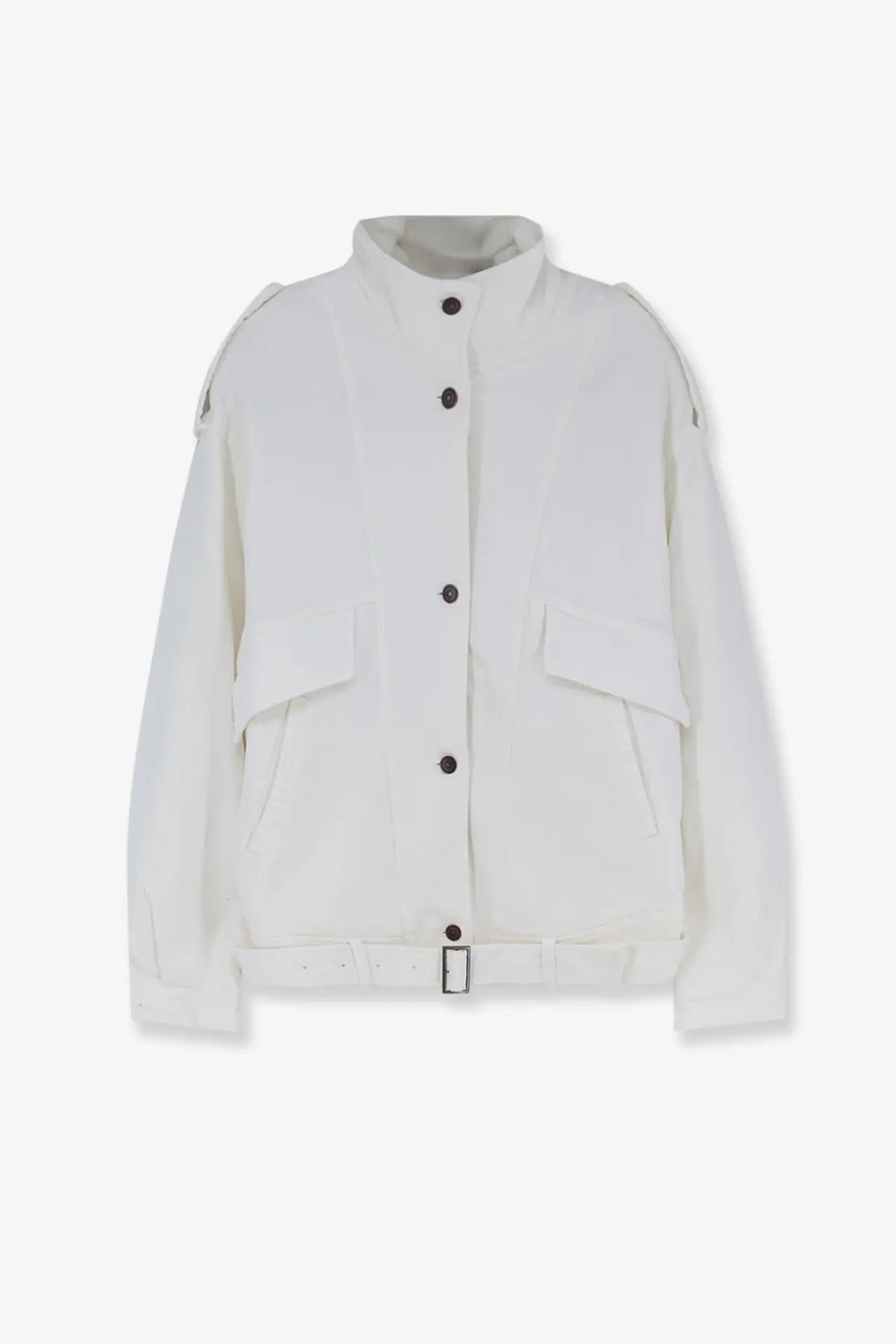 Tonywack women’s oversized white denim utility jacket with black buttons and a belted waist for casual wear