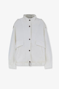 Tonywack women’s oversized white denim utility jacket with black buttons and a belted waist for casual wear