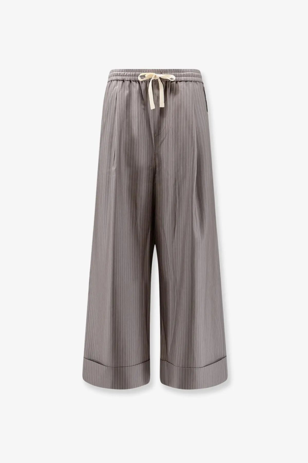 Tonywack women’s gray polyester and wool blend pinstripe wide-leg trousers with drawstring waist and rolled cuffs