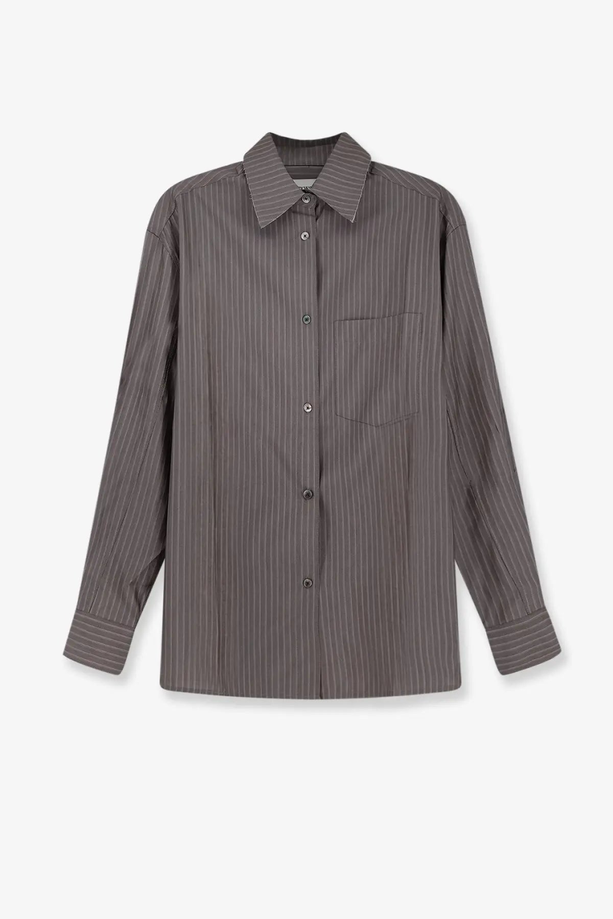 Tonywack women’s silk and wool blend dark gray button-up shirt with fine vertical stripes and classic collar