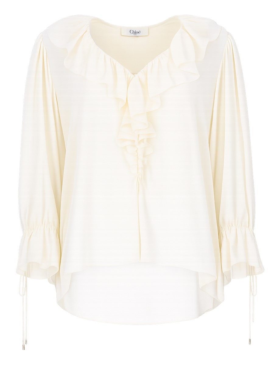 Chloé Women's Top with Volant Neck in Crêpe DE Chine White