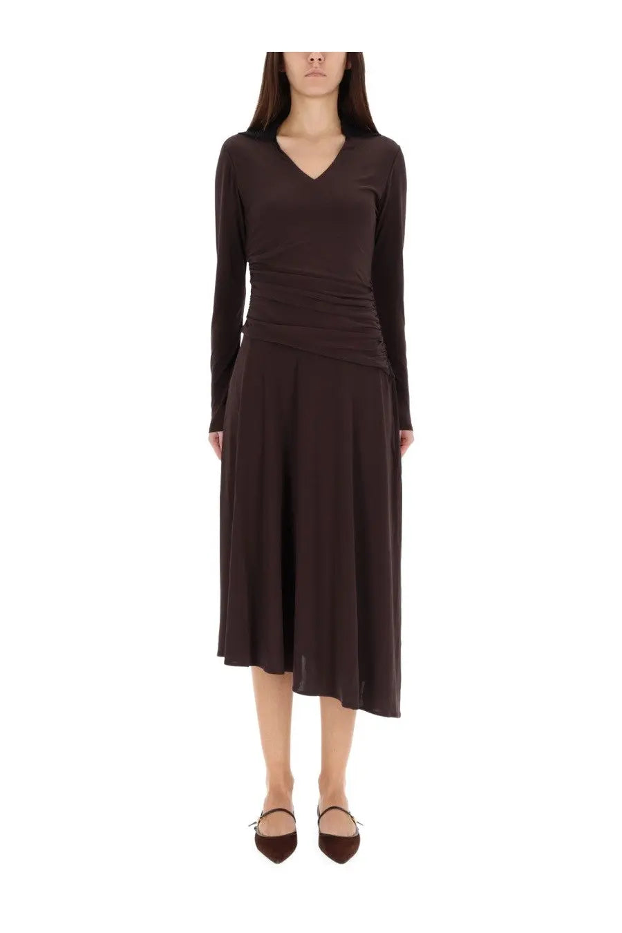 Tory Burch women’s asymmetrical midi dress in dark brown with long sleeves v-neckline and gathered waistband