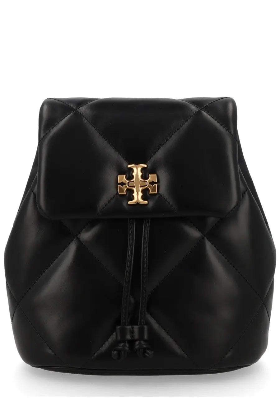 Black quilted leather Tory Burch Kira mini backpack with gold-tone logo clasp and drawstring closure