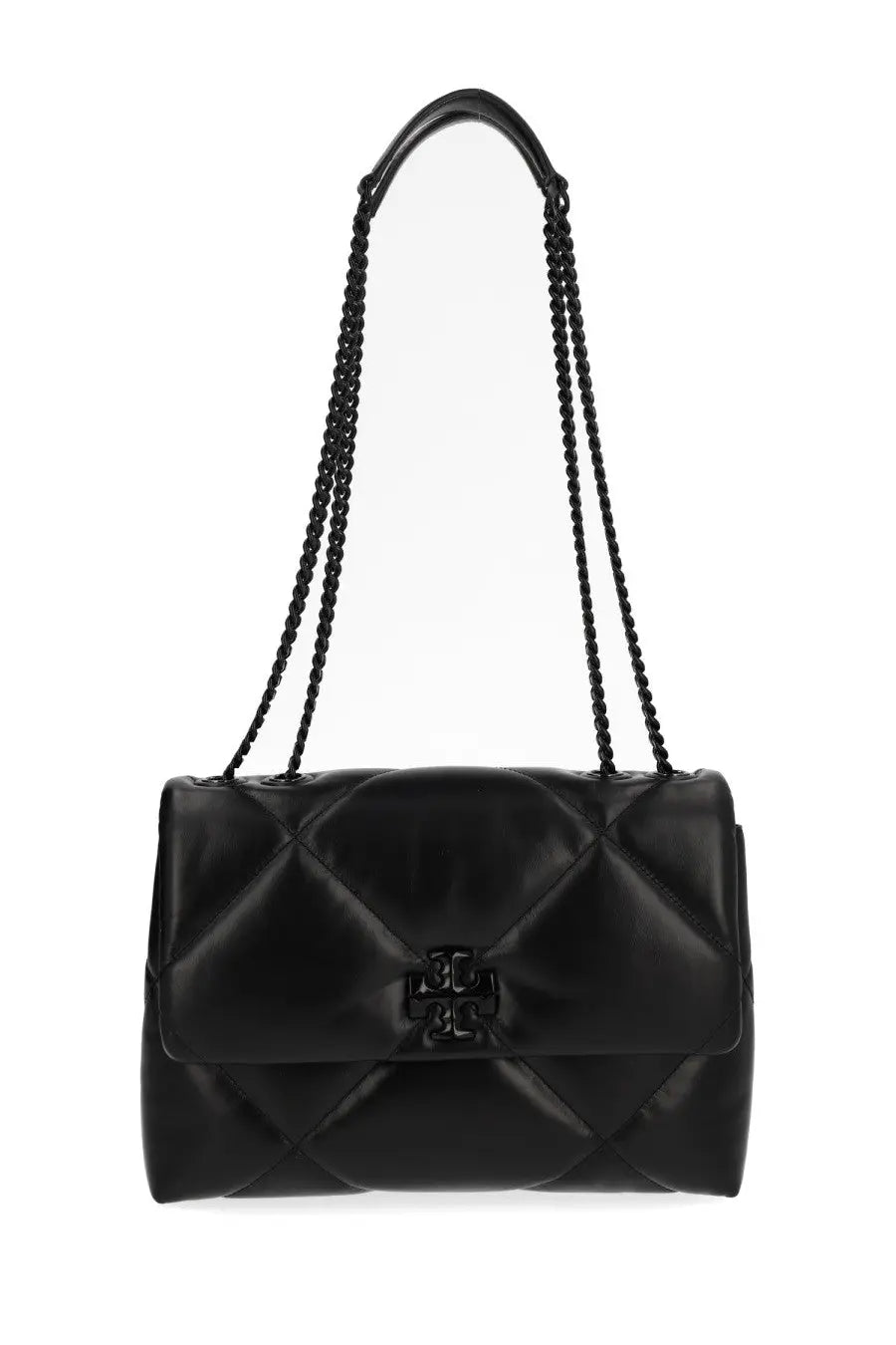Tory Burch women’s black quilted leather handbag with chain strap and logo clasp for stylish everyday use