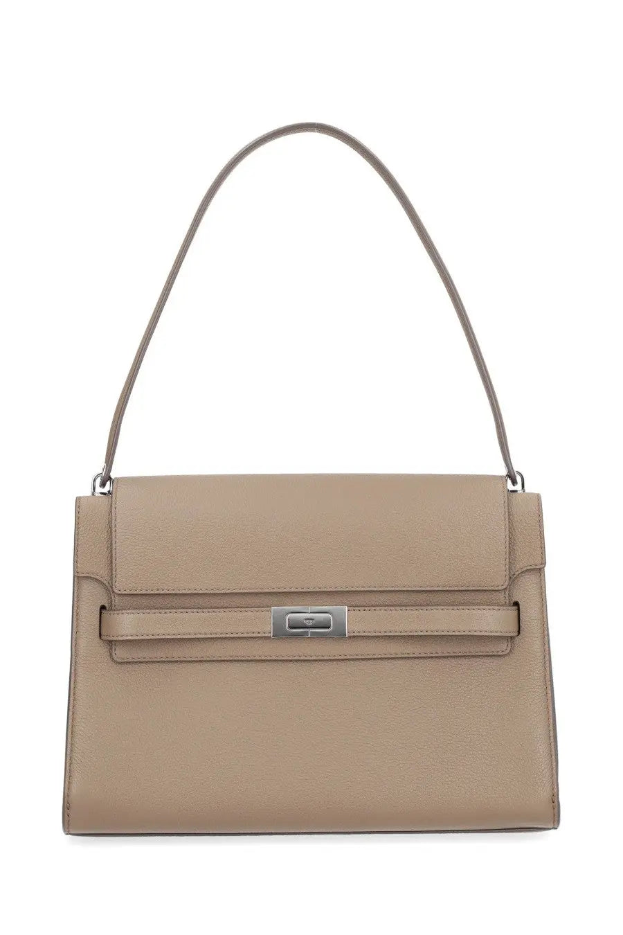 Tory Burch women’s lee radziwill large beige handbag in textured leather with silver hardware and curved top handle