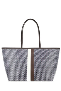 Tory burch women’s racer blue tote bag with gray and white geometric pattern and brown cream vertical side stripes