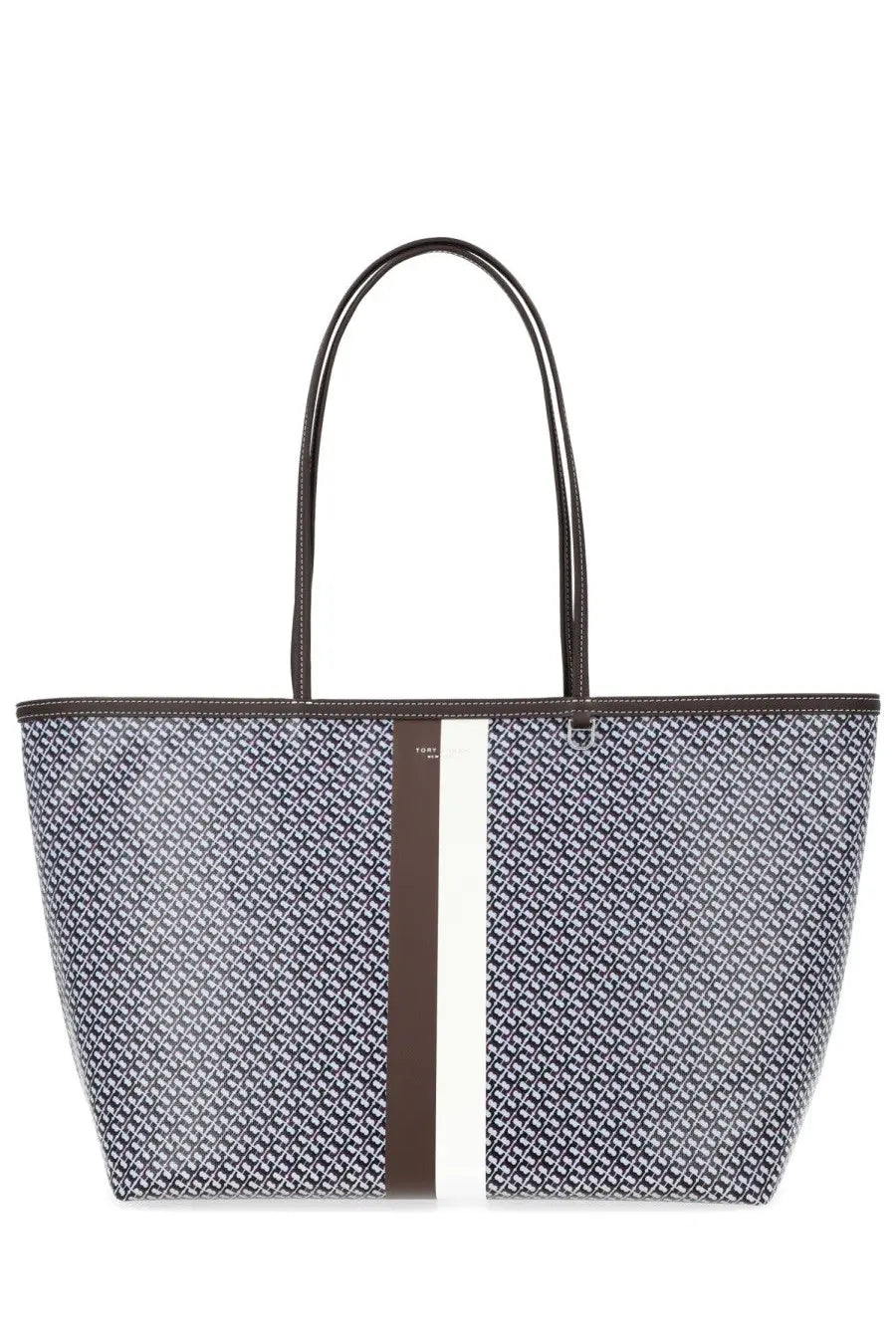 Tory Burch women’s tote bag in racer blue with gray and white geometric pattern and brown cream vertical stripes