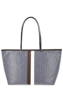 Tory Burch women’s tote bag in racer blue with gray and white geometric pattern and brown cream vertical stripes