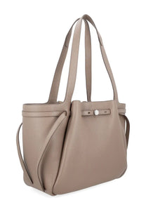Beige leather tote bag Tory Burch Romy with silver-toned buckle closure and matching shoulder strap