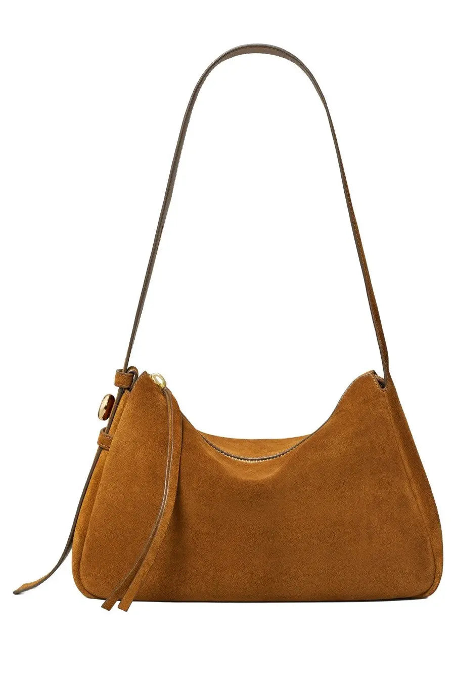 Tory Burch women’s Romy beige tan suede shoulder bag with curved top and adjustable strap